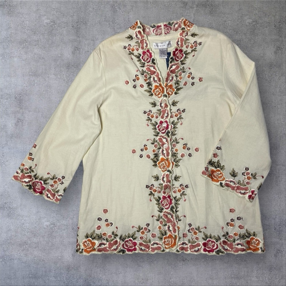 Susan Graver Ivory Linen Blend Floral Embroidered Blouse Womens‎ L  Boho Spring